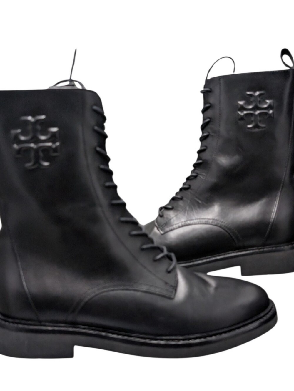 Tory Burch Combat Boots Leather Luxury Designer Double T Logo Womens 9 New